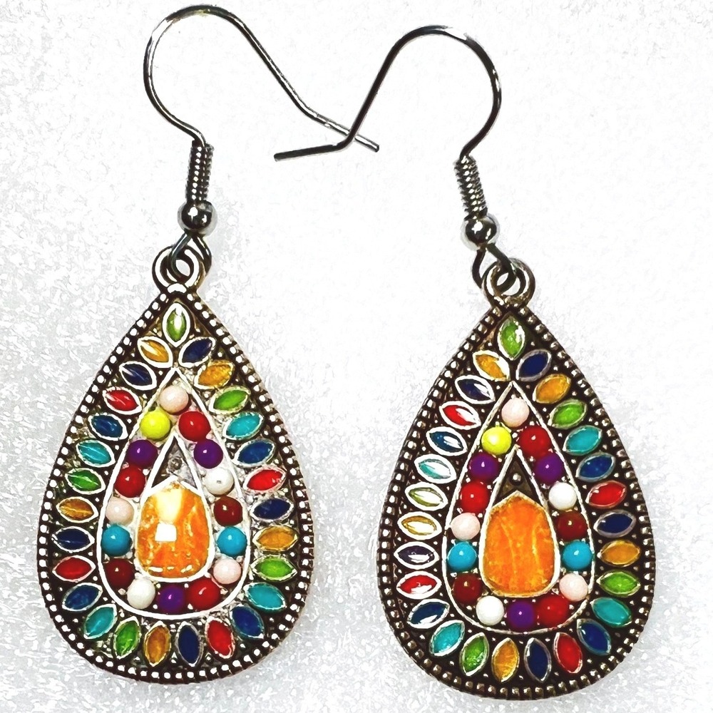 Cloisonne Dangle Earrings 2" Teardrop Multicolor Hook Clasp Boho‎ Silver Tone
